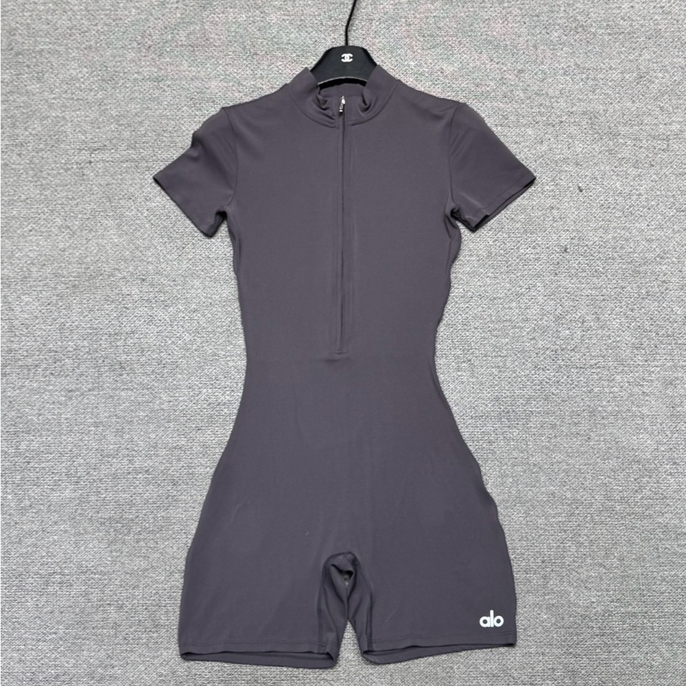 ALO Yoga Short Sleeve One-Piece in Charcoal Gray